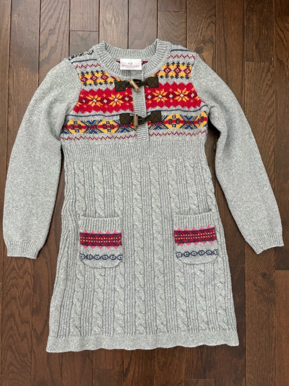 Hanna Andersson Girls Size 5 Gray Cable Knit Fair Isle Sweater Dress
